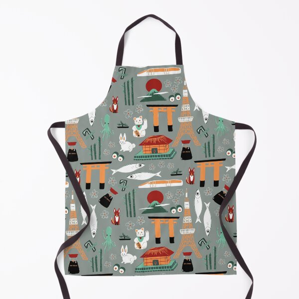 Item preview, Traveling through Japan, rabbits, torii gates, sushi, fish, deer, temples, octopus, 7-11 shops, lucky cats, bullet train in red, orange and greens on grey designed and sold by katerosestudios.