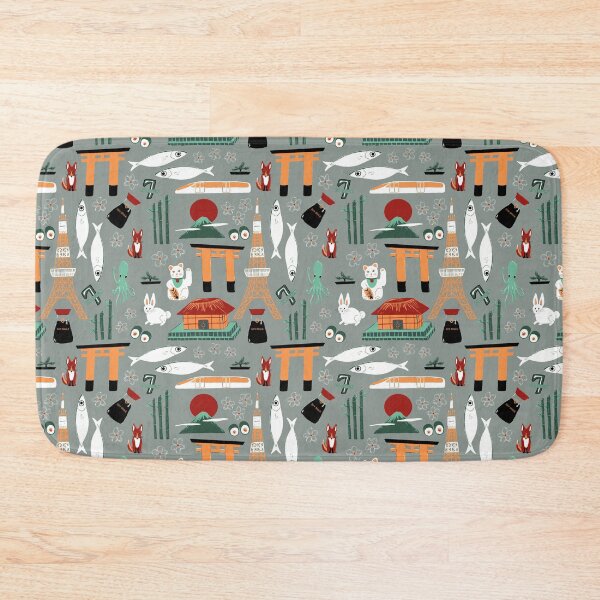 Item preview, Traveling through Japan, rabbits, torii gates, sushi, fish, deer, temples, octopus, 7-11 shops, lucky cats, bullet train in red, orange and greens on grey designed and sold by katerosestudios.