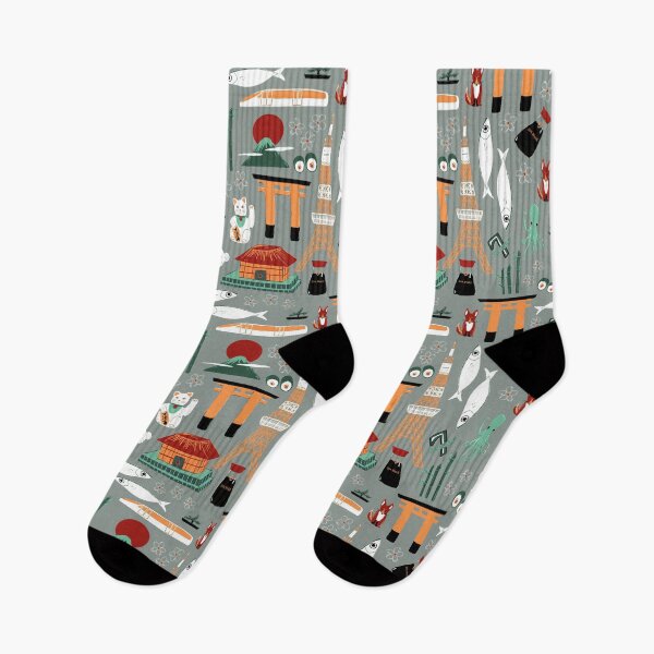 Item preview, Traveling through Japan, rabbits, torii gates, sushi, fish, deer, temples, octopus, 7-11 shops, lucky cats, bullet train in red, orange and greens on grey designed and sold by katerosestudios.