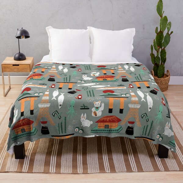 Item preview, Traveling through Japan, rabbits, torii gates, sushi, fish, deer, temples, octopus, 7-11 shops, lucky cats, bullet train in red, orange and greens on grey designed and sold by katerosestudios.
