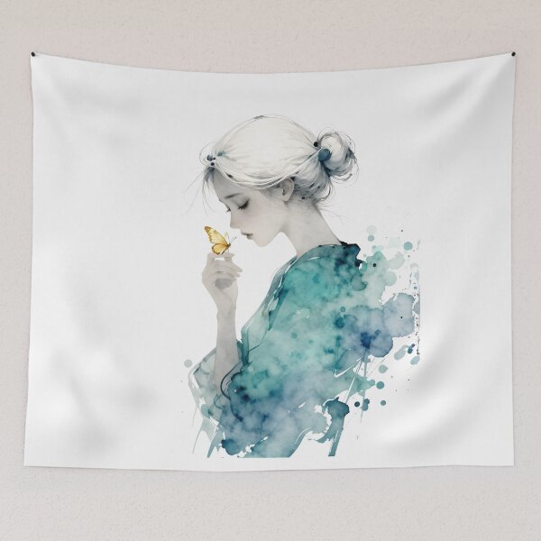 Item preview, Whimsical Butterfly Girl Watercolor Art Print, wall decor, teal blue splash, minimalist aesthetic, unframed, nursery bedroom gift designed and sold by ChartGifts.