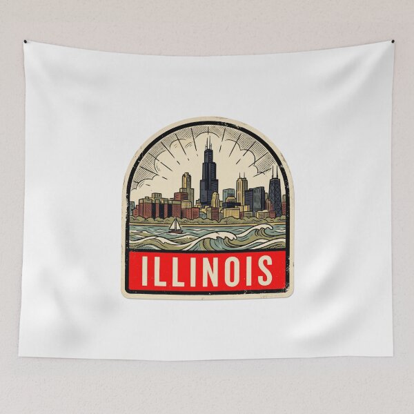 Artikelvorschau, Retro-Design: Illinois Chicago Skyline Vintage-Reiseabzeichen entworfen und verkauft von Paper Drip.