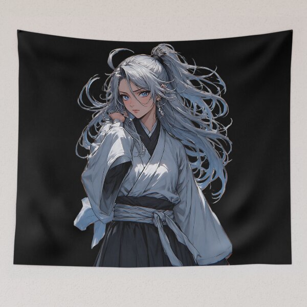 Item preview, Elegant Silver Hair Anime Warrior in Traditional Kimono designed and sold by UrbanPrts.