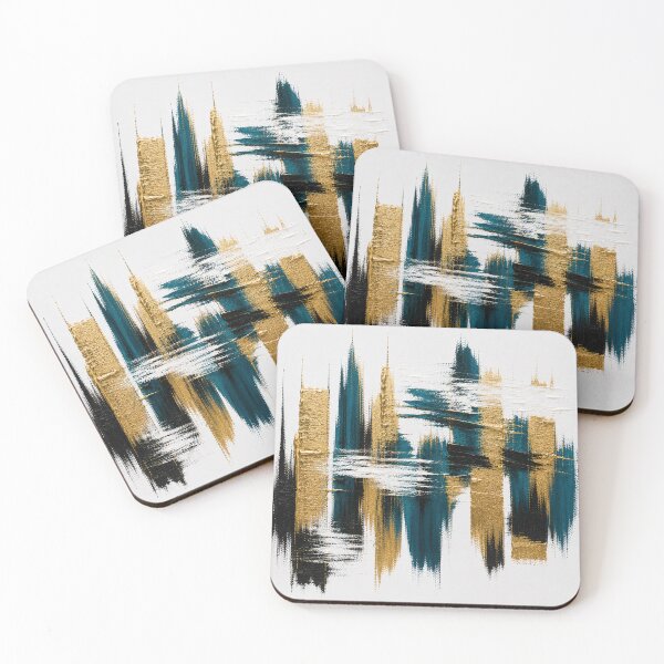 Aperçu de l'œuvre Gold & Teal Pulse – Modern Graphic Brushstrokes on White créée et vendue par Ingorgia Studio.
