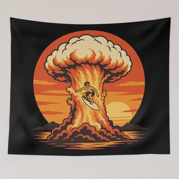 Item preview, Nuclear Surf While the World Burns Mushroom Cloud Surfing Cozy Apocalypse designed and sold by ShirtRemarks.