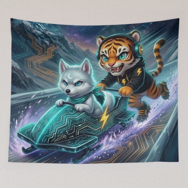 Item preview, Cyber Bobsled Push Start — AI Tiger Wolf Pup Race Art — NeoTigLuna designed and sold by NeoTigLuna.