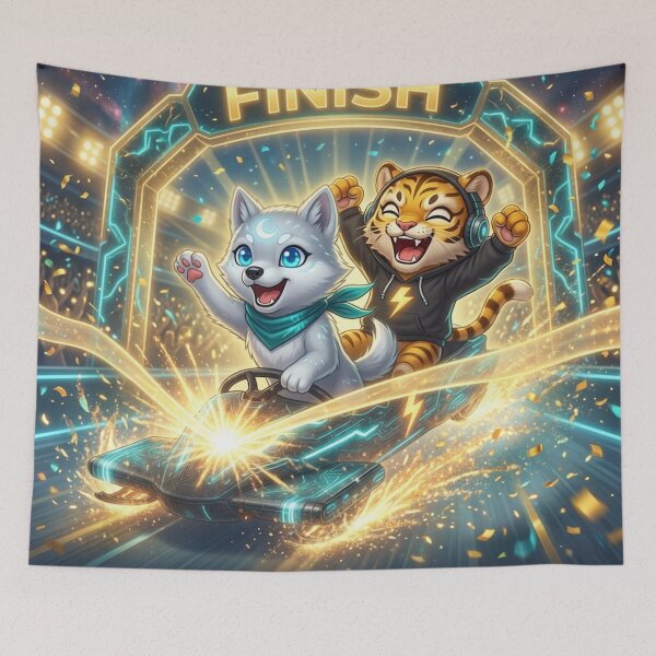 Item preview, Cyber Bobsled Victory — AI Tiger Wolf Pup Champions — AI Human Partnership designed and sold by NeoTigLuna.
