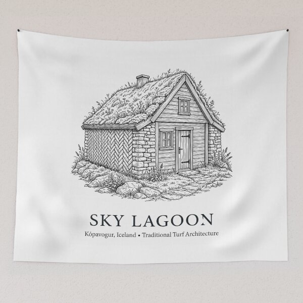 Item preview, Sky Lagoon Turf House Icelandic Heritage Line Art ,  sky lagoon architecture, traditional Icelandic building methods, klombruhledsla designed and sold by EXATEES  ⭐⭐⭐⭐⭐.