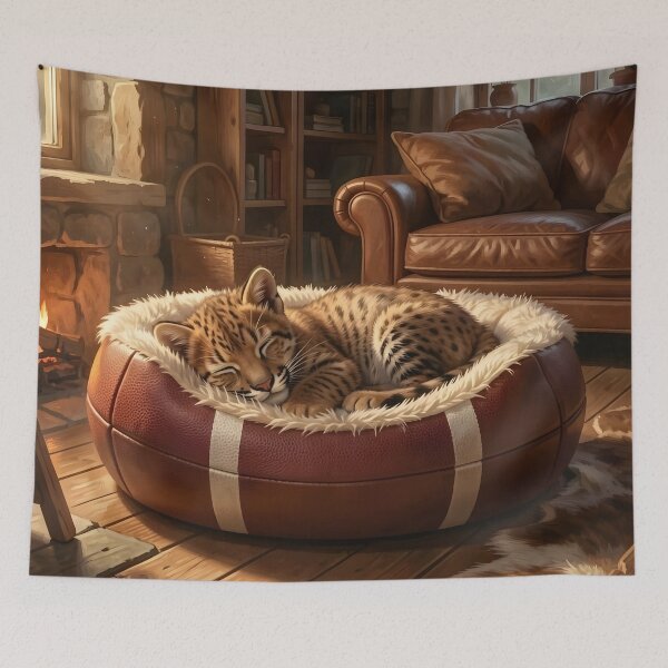 Artikelvorschau, Bobcat Kitten Sleeping in Football Pet Bed Cabin entworfen und verkauft von Pioneer Spirit Market.
