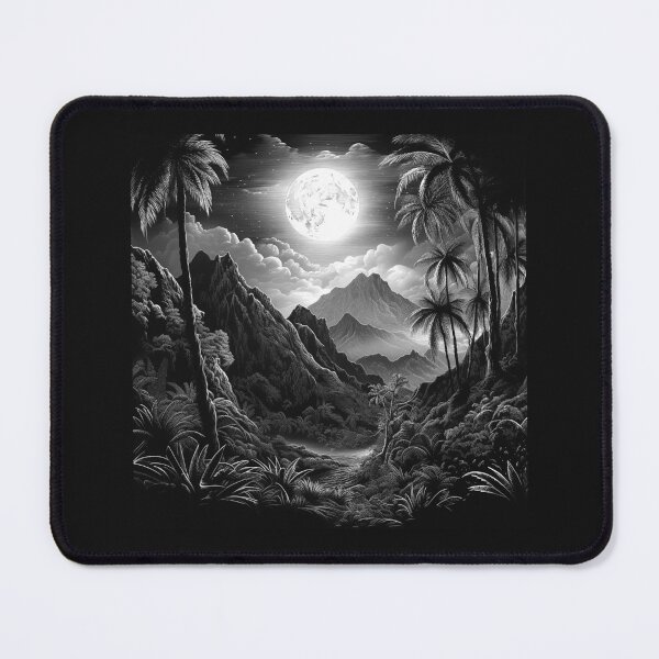 Item preview, Black and White Moonlit Tropical Mountain Landscape designed and sold by inkoutninja.
