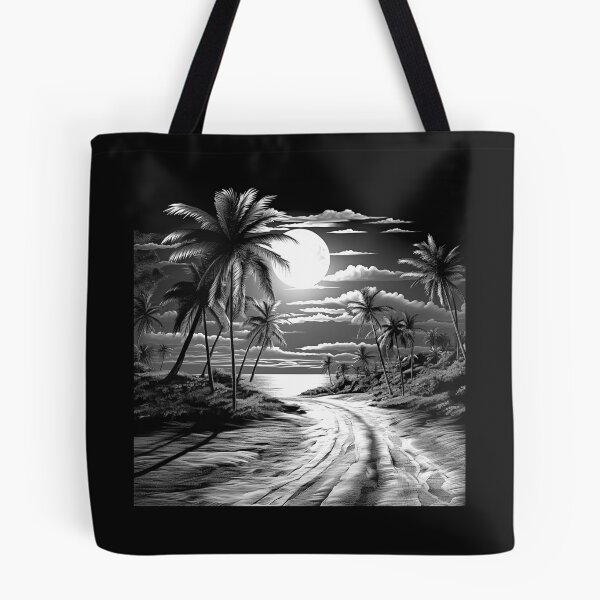 Item preview, Black and White Moonlit Tropical Beach Road Art designed and sold by inkoutninja.