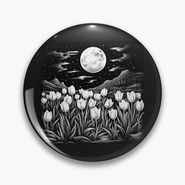 Item preview, Black and White Moonlit Tulip Field Landscape Art designed and sold by inkoutninja.