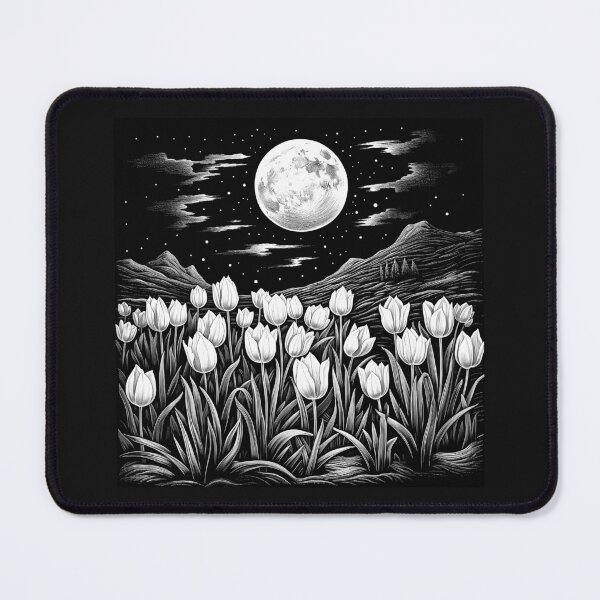 Item preview, Black and White Moonlit Tulip Field Landscape Art designed and sold by inkoutninja.