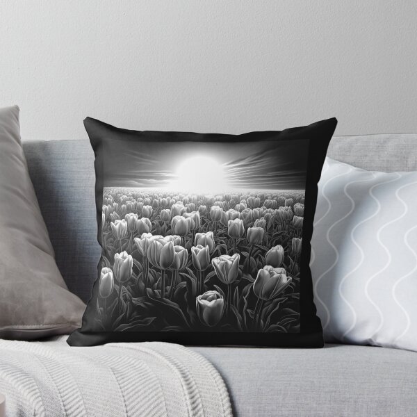 Item preview, Black and White Tulip Field Sunrise Landscape Art designed and sold by inkoutninja.
