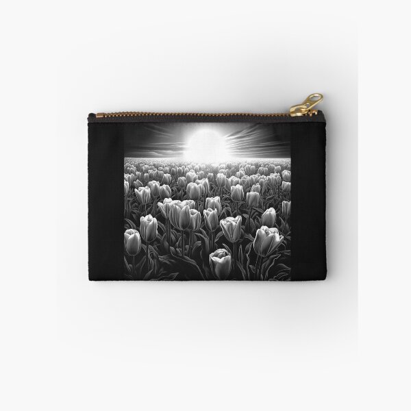Item preview, Black and White Tulip Field Sunrise Landscape Art designed and sold by inkoutninja.