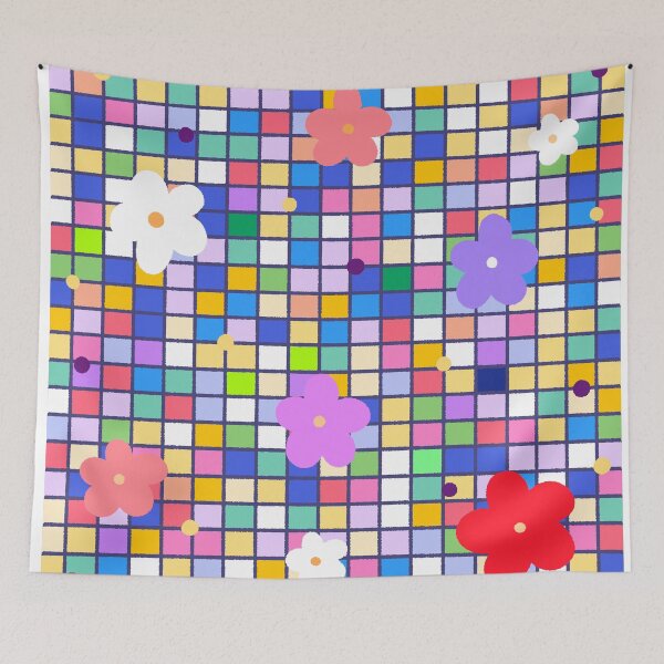 Item preview, Colorful Mosaic Grid Pattern with Cute Flowers designed and sold by ubborn.
