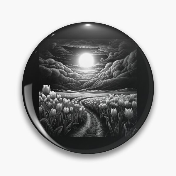 Item preview, Black and White Moonlit Tulip Path Landscape Art designed and sold by inkoutninja.