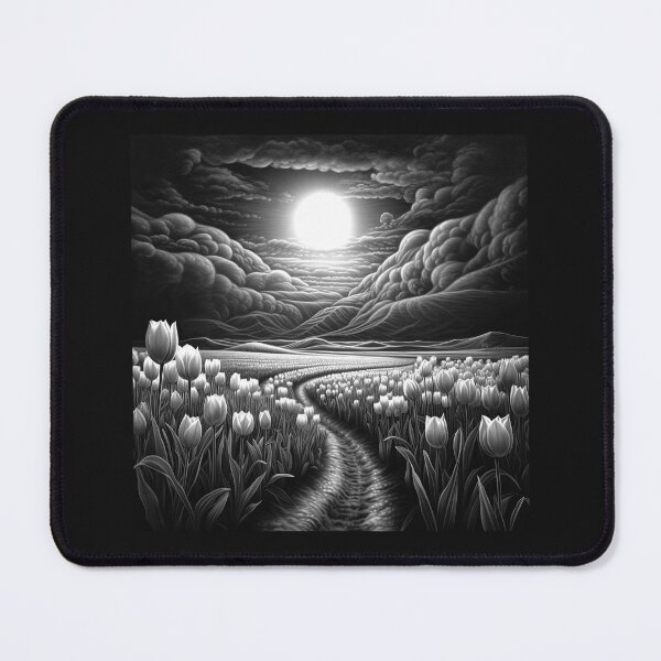 Item preview, Black and White Moonlit Tulip Path Landscape Art designed and sold by inkoutninja.