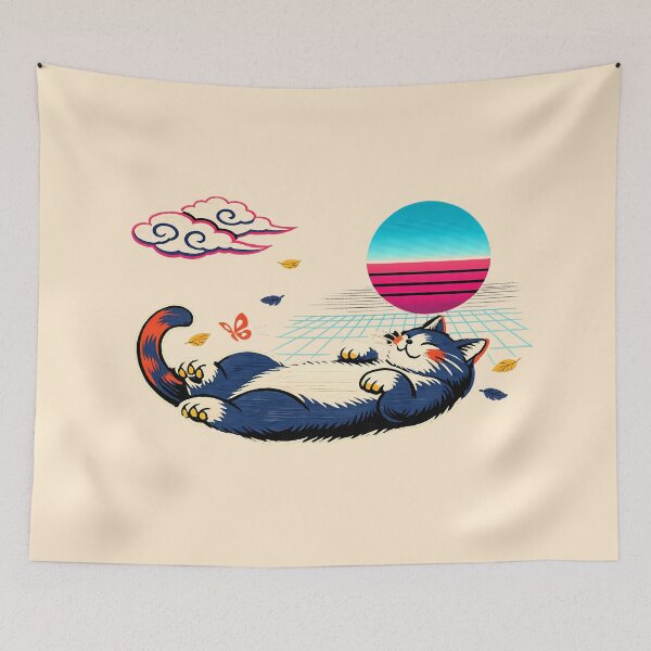 Item preview, Neon Retro Synthwave Ukiyo‑E Lounging Cat designed and sold by KungPowUnicorn.