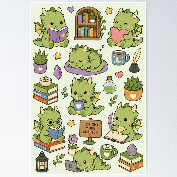 Item preview, Cute Dragon Cozy Reading Kawaii Pattern designed and sold by Soft Berry Studio.