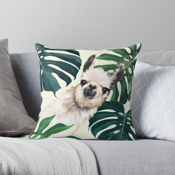 Sneaky Llama in Tropical Monstera Throw Pillow
