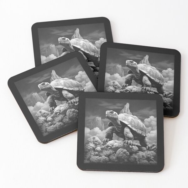 Item preview, Black and White Giant Tortoise Mountain Landscape Art designed and sold by inkoutninja.