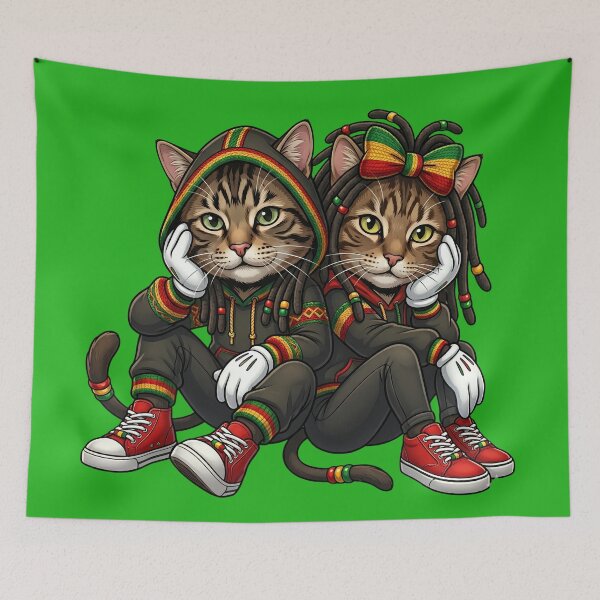 Item preview, Rasta Paw-ty: Stylish Feline Duo in Red, Gold, & Green designed and sold by digitalbob60.