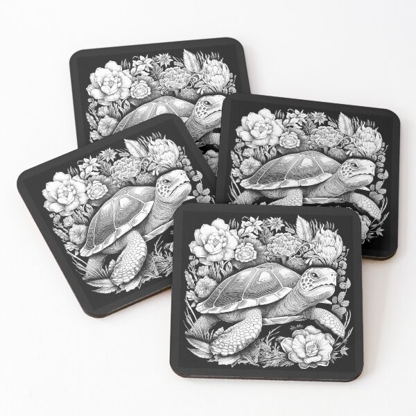 Item preview, Black and White Floral Tortoise Botanical Art designed and sold by inkoutninja.