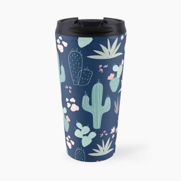 Cacti floral teal on navy Travel Coffee Mug