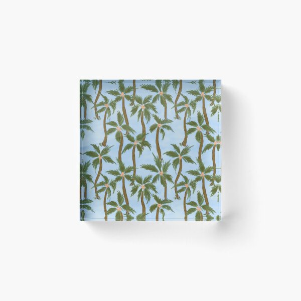Item preview, Tropical feel loose painterly green Coconut palm trees all over on blue background designed and sold by PrettywithColor.