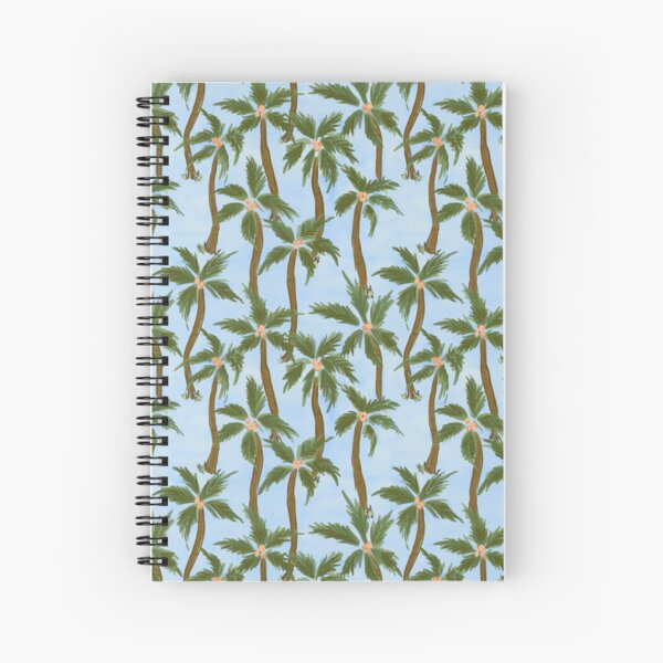 Item preview, Tropical feel loose painterly green Coconut palm trees all over on blue background designed and sold by PrettywithColor.