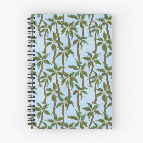 Item preview, Tropical feel loose painterly green Coconut palm trees all over on blue background designed and sold by PrettywithColor.