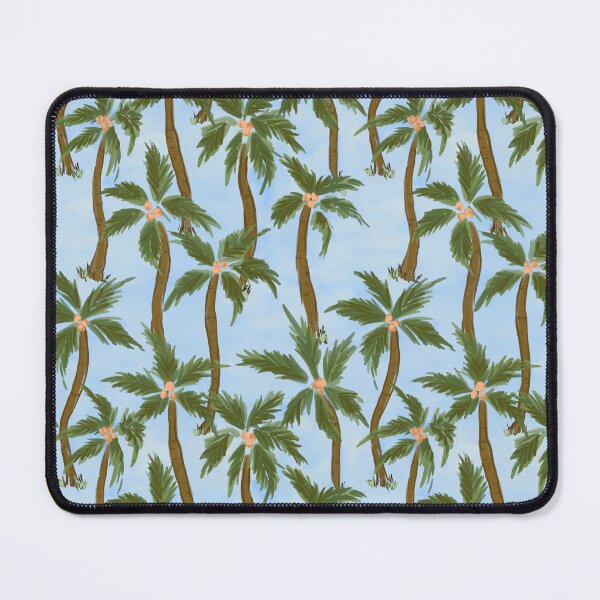 Item preview, Tropical feel loose painterly green Coconut palm trees all over on blue background designed and sold by PrettywithColor.