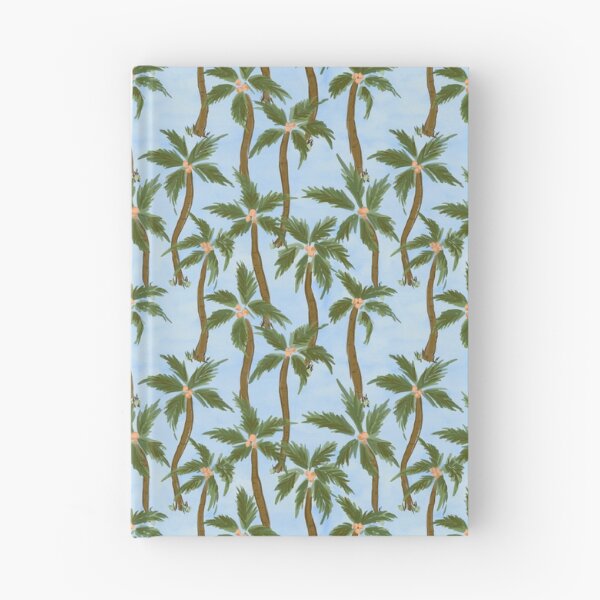 Item preview, Tropical feel loose painterly green Coconut palm trees all over on blue background designed and sold by PrettywithColor.