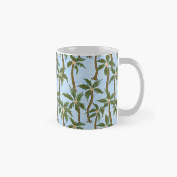 Item preview, Tropical feel loose painterly green Coconut palm trees all over on blue background designed and sold by PrettywithColor.
