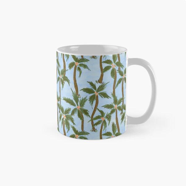 Item preview, Tropical feel loose painterly green Coconut palm trees all over on blue background designed and sold by PrettywithColor.