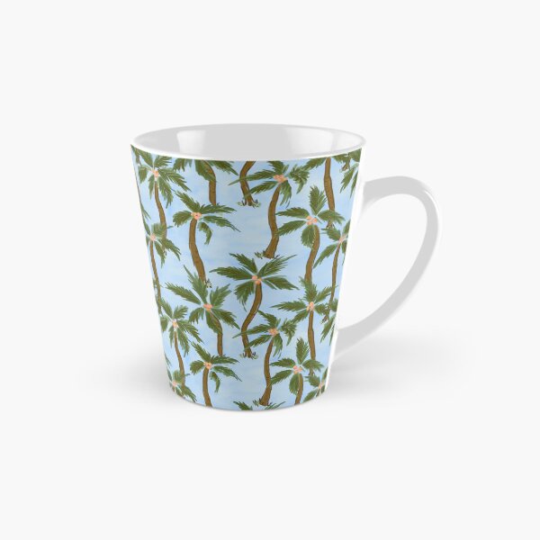 Item preview, Tropical feel loose painterly green Coconut palm trees all over on blue background designed and sold by PrettywithColor.