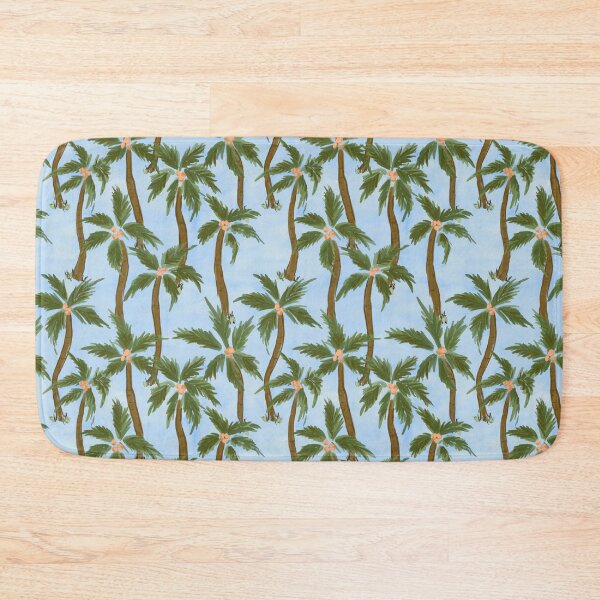Item preview, Tropical feel loose painterly green Coconut palm trees all over on blue background designed and sold by PrettywithColor.