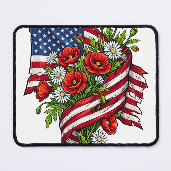Item preview, American flag withPatriotic Distressed American Flag with Red Poppies & Daisies poppies daisies designed and sold by Steele-Art.