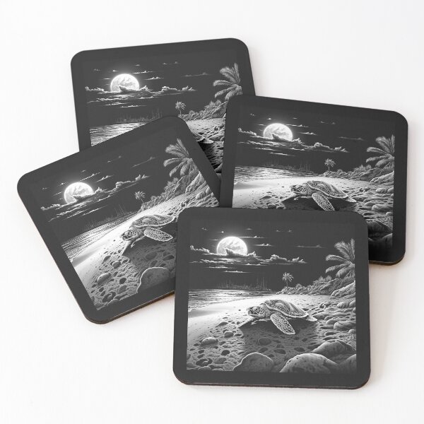 Item preview, Black and White Moonlit Sea Turtle Beach Art designed and sold by inkoutninja.