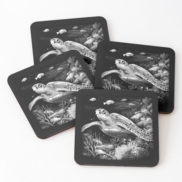 Item preview, Black and White Sea Turtle Coral Reef Art designed and sold by inkoutninja.