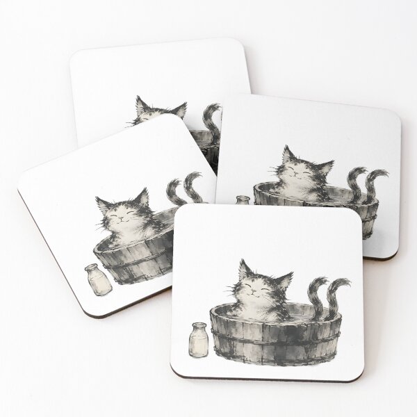 Item preview, Nekomata at the Bathhouse — Japanese Yokai Cat Sumi-e Art designed and sold by Mossbrush.