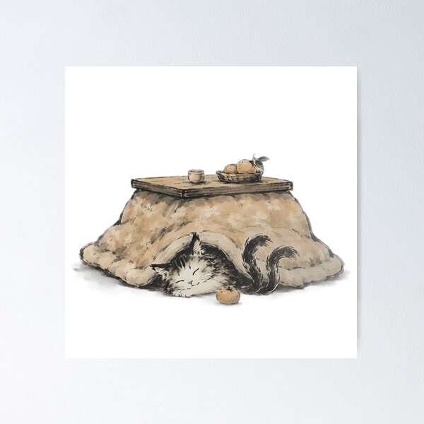 Item preview, Nekomata in a Kotatsu — Cozy Japanese Yokai Cat Ink Art designed and sold by Mossbrush.
