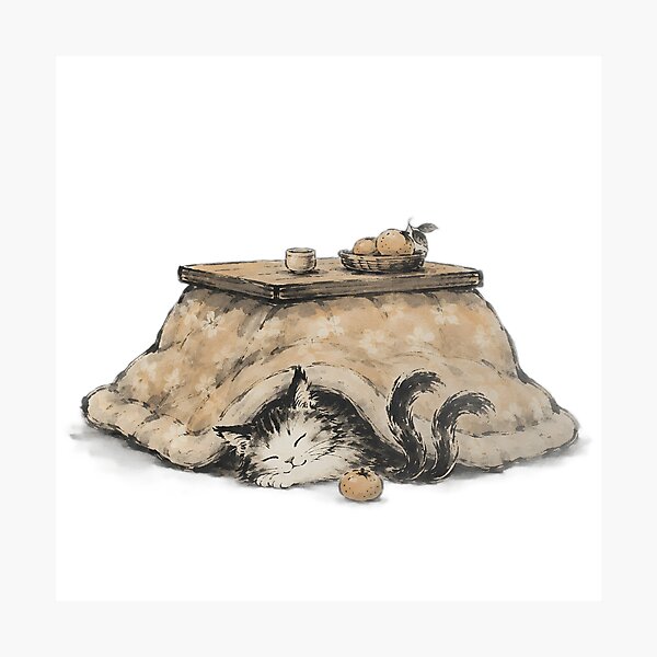 Item preview, Nekomata in a Kotatsu — Cozy Japanese Yokai Cat Ink Art designed and sold by Mossbrush.