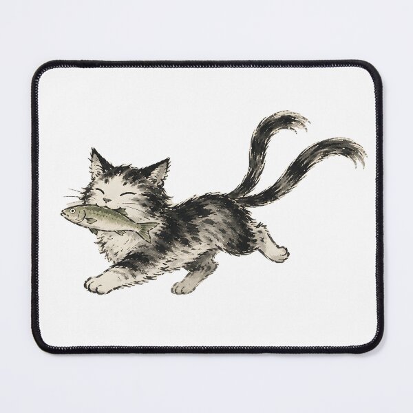 Item preview, Nekomata with a Fish — Funny Japanese Yokai Cat Ink Art designed and sold by Mossbrush.