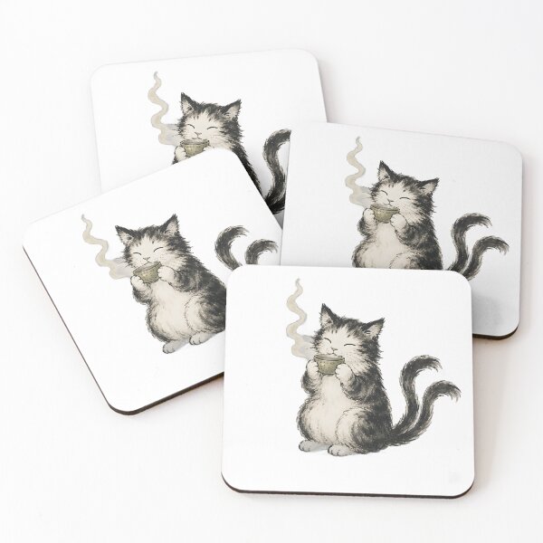 Item preview, Nekomata Drinking Tea — Japanese Yokai Cat Sumi-e Art designed and sold by Mossbrush.
