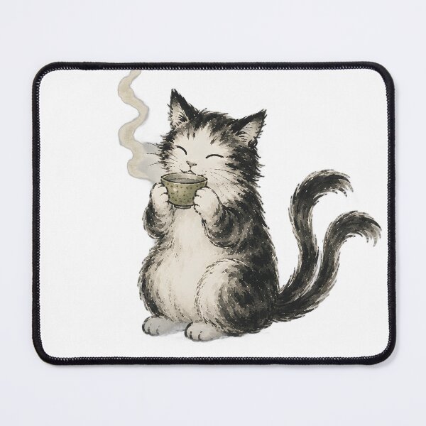 Item preview, Nekomata Drinking Tea — Japanese Yokai Cat Sumi-e Art designed and sold by Mossbrush.