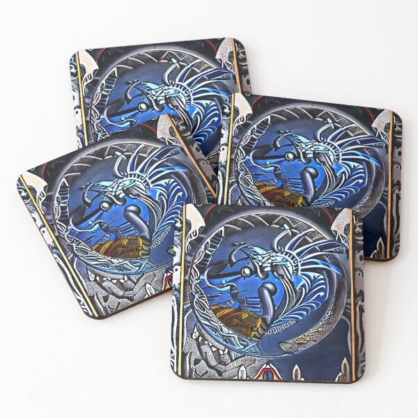 Item preview, Dark Blue Feathered Dragon Gold Maw Flame Scroll Border Yokai Art designed and sold by YugenWorkshop.