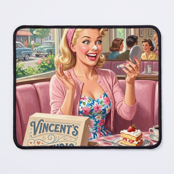 Item preview, Retro 1950s Diner Girl Strawberry Cake Illustration designed and sold by Vincent-68.
