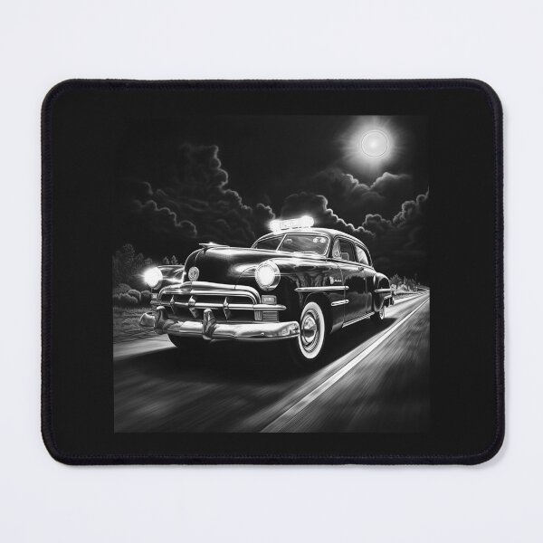 Item preview, Black and White Vintage Police Car Night Road Art designed and sold by inkoutninja.